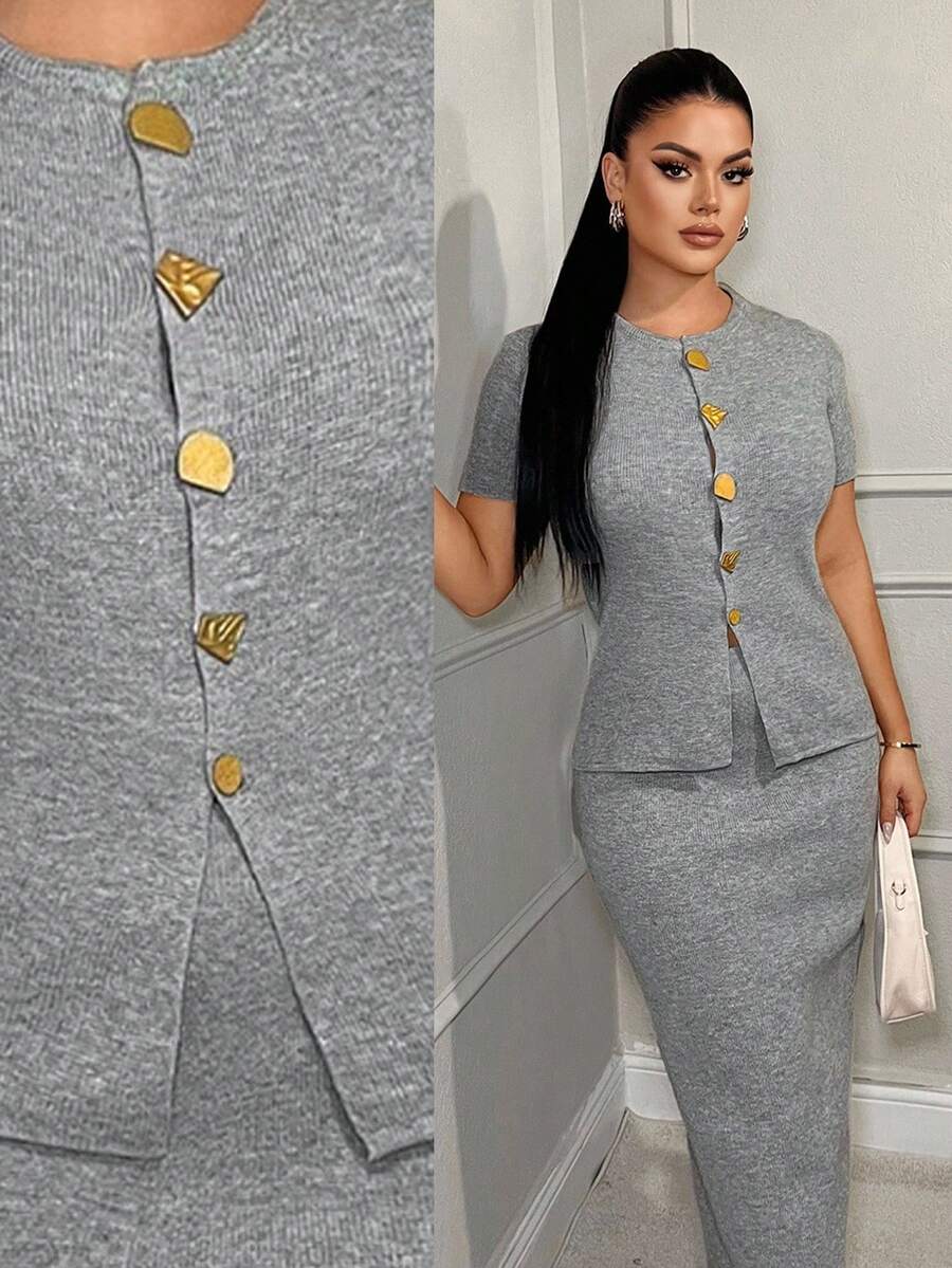 SHEIN SXY New Retro Commuting Business Personalized Metal Button Bodycon Skirt & Women Sweater Two Pieces Set, Suitable For Early Autumn,Fall - Grey - View 1