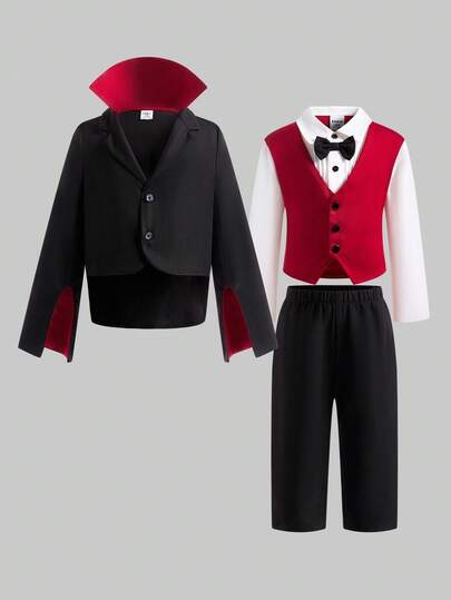 Baby Boys' 3 Pieces Halloween Gentleman Outfit, Red Vest + Elastic Waist Black Pants + Cloak Jacket, Shirt ,Bowknot, Suitable For 6 Months To 3 Years Old Boys, Best Choice For Halloween, Boys Vampire Costume, Halloween Party Outfit, Vampire Prince Performance Wear Fall Winter