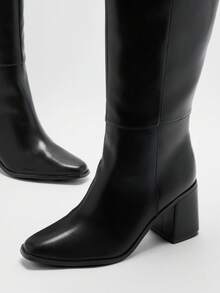 Solezae 女士迷人性感尖头粗跟侧拉链及膝长靴 - 黑色 - 查看 6