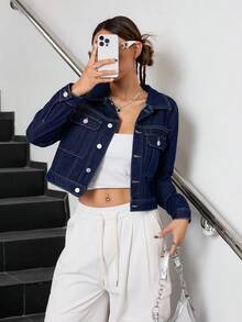 SHEIN 少女深蓝色牛仔翻领长袖短款夹克 - 深色水洗藍 - 查看 4