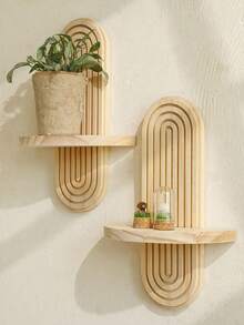 SHEIN 1pc New Solid Wood Floating Wall Shelf, Creative Plant Holder & Key Organizer, Decorative Display Rack For Living Room, Balcony & Entryway Wall Decor