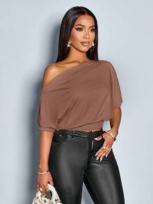 SOLERSUN Women's Solid Asymmetrical Neck Ruched Shoulder Tee - Mocha Brown - View 6