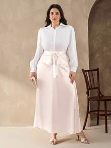 SHEIN Clasi Plus Size Satin Apricot Maxi Skirt: Elegant High-Waisted Semi-Sheer Woven Long Skirt With Tie Detail For Casual Style - Apricot - View 9