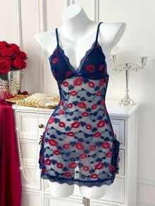 SHEIN Váy ôm sát cơ thể mini ren đỏ gợi cảm cho nữ - Màu xanh hải quân - Xem 4