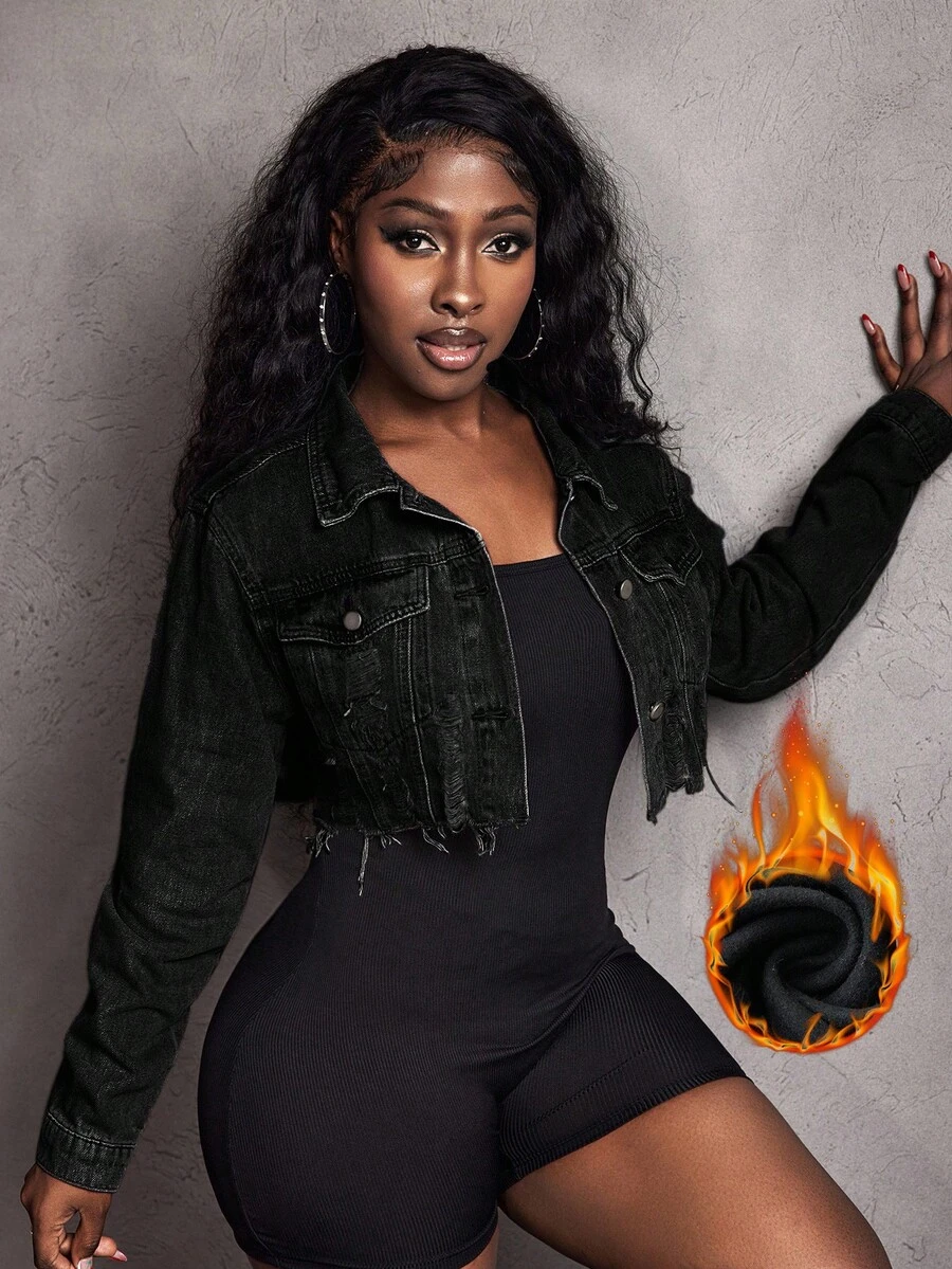 Slaydiva Women's Fringe Single-Breasted Thermal Lined Cropped Casual Denim Jacket, Autumn/Winter Women's Winter Jacket - Black - View 1