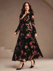 Anewsta 女士丝绒印花V领连衣裙，优雅、别致、时尚，适合秋季、冬季、新年、派对、婚礼、晚宴等场合。 - 黑色 - 查看 3