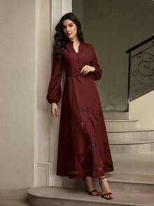 ZEYLAH Women's Solid Color V-Neck Button Design Lantern Sleeve Hollow Out Elegant Maxi Dress - Brown - View 6