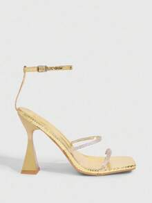 CUCCOO SZL 金色金属 PU 带水钻装饰粗高跟黄色方头凉鞋 - 金色 - 查看 7