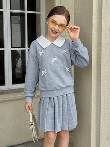 Bộ áo nỉ cổ polo và chân váy 2 trong 1 cho bé gái tuổi teen - Xám - Xem 6