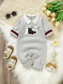 1 件婴儿针织连体衣，可爱小狗提花设计，长袖连体衣，时尚休闲又可爱 - 灰色 - 查看 4