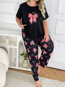 Slumberry CURVE Conjunto de pijama de manga corta y pantalón largo con estampado de lazo, talla grande - Multicolor - Ver 3