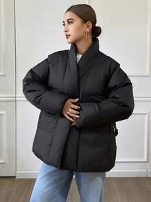 DAZY 女式简约纯色束腰V领保暖棉服外套 - 黑色 - 查看 5