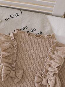 2 Stücke Baby Mädchen bequemes, lässiges Strick-Textil-Set mit Rüschen, Schleifen-Dekor, Langarm-Top und weitem Bein-Hose, geeignet für Frühling, Herbst & Winter Alltagsmode