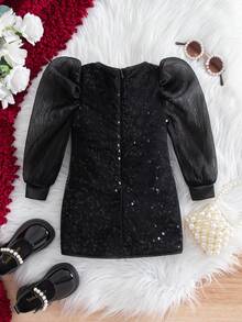 Robe noire élégante à manches longues en maille pailletée pour bébé fille, robe pailletée noire pour bébé fille, robe de soirée noire pailletée pour bébé fille - Noir - Voir 2