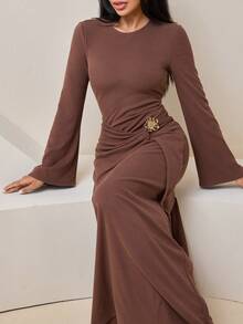 Veilorie Đầm dài thời trang nữ màu trơn khóa kim loại - Cà phê nâu - Xem 3