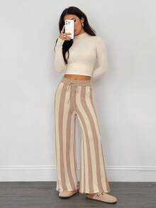 SHEIN PETITE Women Drawstring Waist Striped Knit Sweater Pants , Fall Winter - Multicolor - View 7