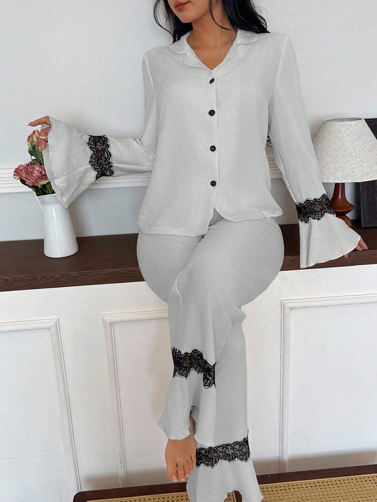 SHEIN 两件套女士休闲长袖撞色蕾丝上衣和裤子睡衣套装 关键词：两件套睡衣套装，秋冬服装 - 灰色 - 查看 6