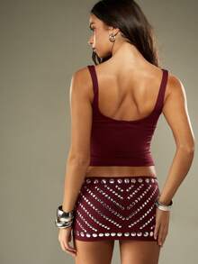 MISSGUIDED Studded Metallic Co-Ord Festival Party Mini Skirt Set Spaghetti Strap Crop Top High Waist Micro Mini Skirt Night Out Club Wear Rhinestone Embellished Christmas - Burgundy - View 2