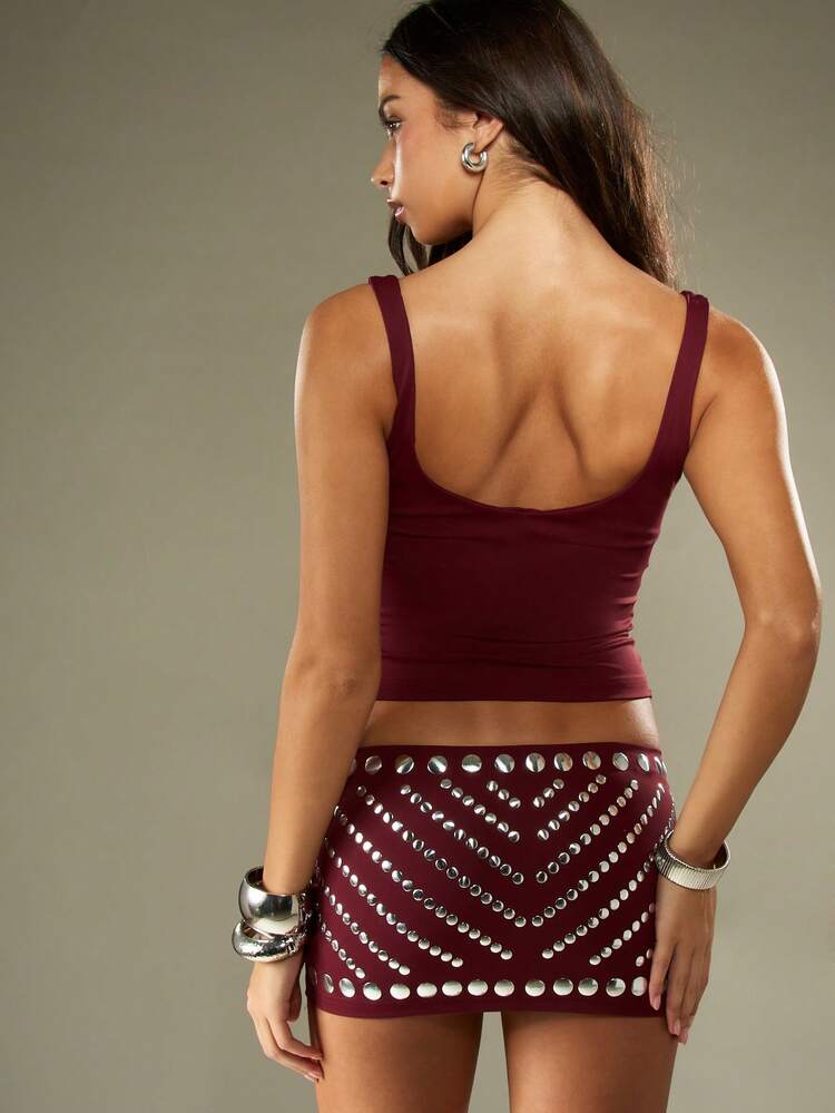 MISSGUIDED Studded Metallic Co-Ord Festival Party Mini Skirt Set Spaghetti Strap Crop Top High Waist Micro Mini Skirt Night Out Club Wear Rhinestone Embellished Christmas