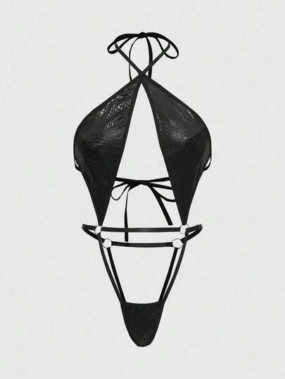 Grunge Punk Dark Punk Snake Skin PU Lace-Up Crotchless Bodysuit