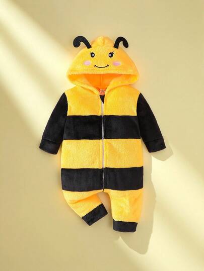 SHEIN Playful Pals Baby Girl Bee Pattern Hooded Long Sleeve Romper Jumpsuit