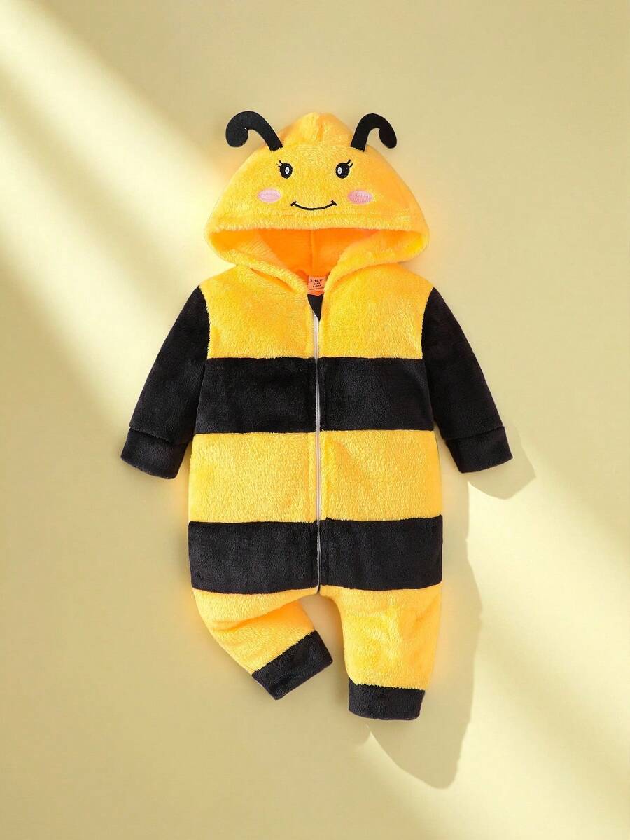 SHEIN Playful Pals 女婴蜜蜂图案连帽长袖连体衣