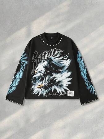 Street Life Men's Glitter Diamond Decor Vintage Print Loose Cropped T-Shirt, Fall