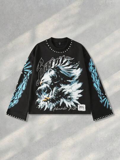 Street Life Maglietta ampia e corta da uomo con stampa vintage, decorata con glitter e diamanti, adatta per l'autunno