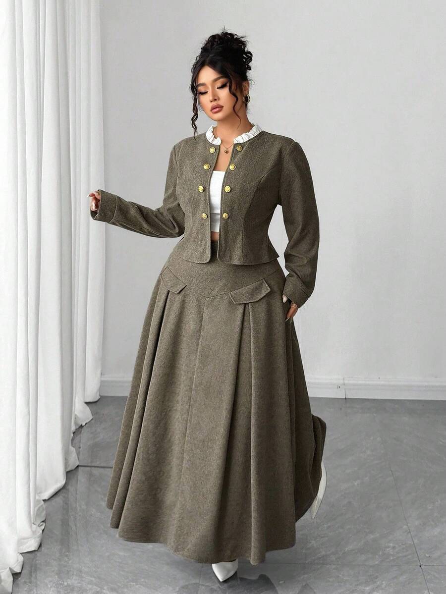 Elenzga Olive Green,Autumn,Elegant,Formal 2pcs/Set:Herringbone Vintage ...