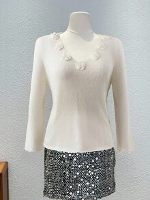 SHEIN Clasi Blusa de manga larga con estampado floral 3D de unicolor para tallas grandes - Blanco - Ver 1