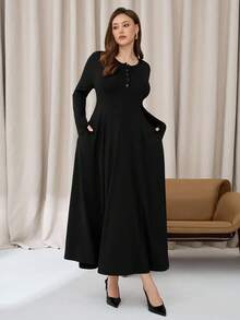 Auralis 大码女装秋季服装，超长连衣裙，大码女装连衣裙，长款保暖连衣裙，秋季女装，口袋连衣裙，大码伞裙，黑色连衣裙，休闲女装 - 黑色 - 查看 6