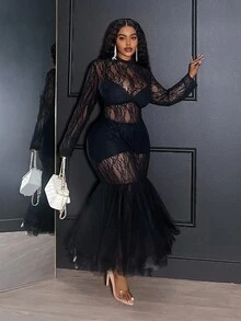 Veslaya 2025 秋冬大码女装，Y2K 街头潮流，斯德哥尔摩风格，约会之夜/派对装，优雅性感透视修身黑色蕾丝立领长袖拉链拼接鱼尾长裙 - 黑色 - 查看 3