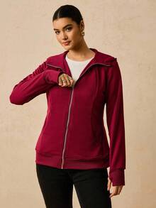 SHEIN VCAY Plus Size Women Outdoor Casual Sports Hooded Sweatshirt With Pockets, Slim Fit Long Sleeve Hoodie For Running, Yoga, Autumn Outerwear - Redwood - View 8