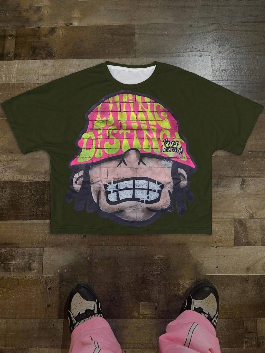PAVTROS T-shirt à col rond tronqué pour hommes, motif tête de dessin animé surdimensionné, Top ample de style rue - Militaire verte - Voir 1