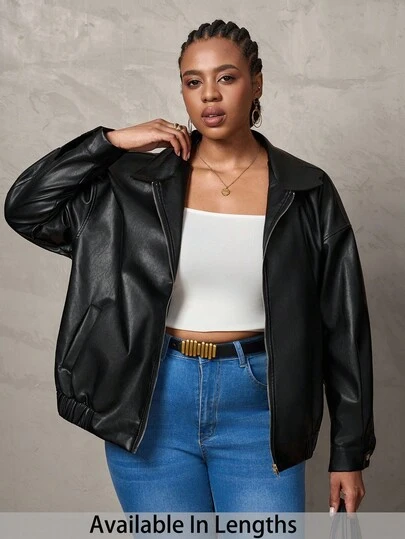 SHEIN Tall CURVE Plus Size Drop Shoulder Zip Up PU Cropped Leather Jacket In Fall/Winter