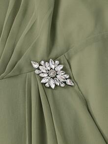 Ellevyn Plus Size Women's Solid Color 3/4 Sleeve Open Front Jacket And Rhinestone Decor Pleated Thick Strap Dress Elegant Set - Olive Green - View 10