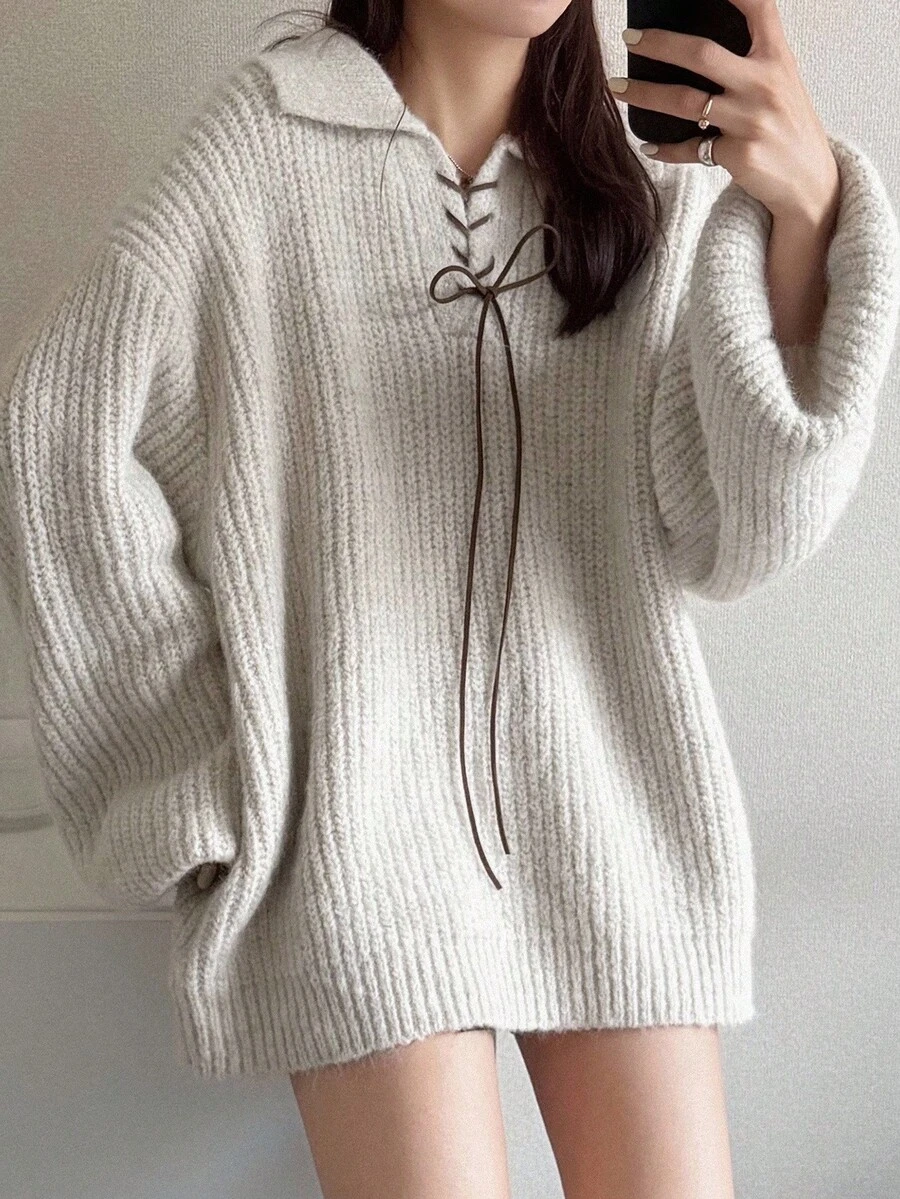 FRIFUL Women's Loose Fit Criss-Cross Bow Knot Cardigan Sweater, Sweet And Comfortable For Autumn