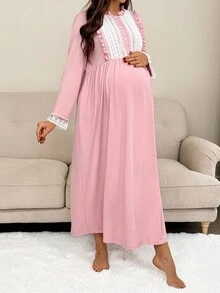 Slowluna Vestido de maternidad casual de manga larga con aplicaciones de encaje y adornos florales - Rosa - Ver 4