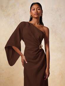 COSMINA 女士优雅金属扣不对称连衣裙 - 棕色 - 查看 7