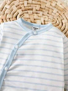 SHEIN 新生男宝宝蓝色条纹连体衣，秋冬款 - 藍色 - 查看 5