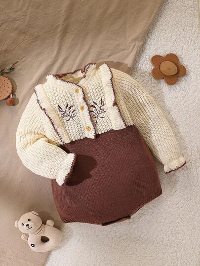 SHEIN Vintaside Kids Baby Girl Floral Embroidery Ruffle Trim Contrast Color Knit Romper Fall Winter