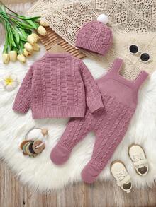 SHEIN Vintaside Kids 3 件套新生儿针织服装套装 - 舒适简约圆领长袖开衫，搭配围兜和可爱帽子 - 粉色 - 查看 2
