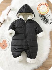 SHEIN 新生儿男女款羊毛连帽连体衣，黑色，秋冬 - 彩色 - 查看 6