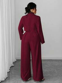 Elenzga Bộ áo khoác blazer công sở tối giản thanh lịch cỡ lớn dành cho nữ và bộ jumpsuit ống rộng không tay thắt eo, màu đỏ tía - Màu Đỏ Sâu - Xem 2