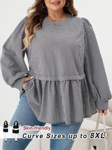 SHEIN CURVE+ Áo sơ mi tay loe cổ tròn kẻ caro đen trắng cỡ lớn thường ngày/Mùa thu/Mùa đông - Đen và trắng - Xem 10