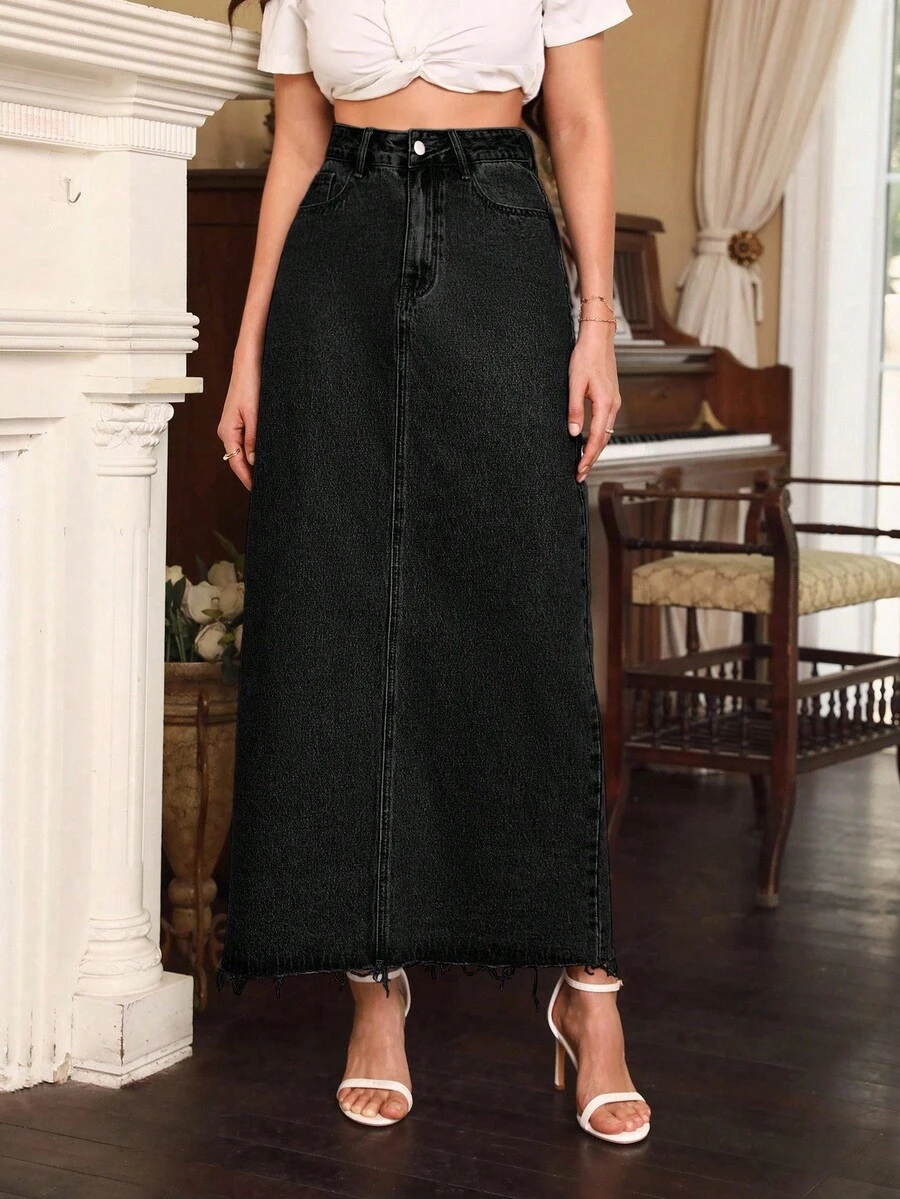 Selenza Women's High Waist Pocketed Long Casual Denim Midi Skirt - Black - View 1