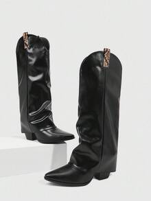 CUCCOO SZL Women's Shark Boots, New Slouchy Mid-Calf Boots, Wedge Heel, Loose Wrinkled Shaft, Fashionable Tall Boots - Black - View 5