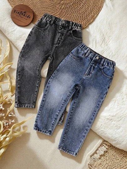 SHEIN Vintaside Kids Toddler Boys' Casual Retro Distressed Washed Loose Tapered Jeans, Blue & Grey, All Season Two Piece Jeans Set Boys Elastic Waist Jeans Boys Toddler Boy Jeans Chic Outfits For Autumn/Winter Kids Jeans Boys Jeans  Casual Versatile Denim Jeans, Autumn/Winter 2025 New Arrival, Suitable For Daily Wear Collegiate Style, Street Fashion, Casual, Retro, Pop, Bohemian Style, Street Style, Basic Versatile Model,  Daily Outings, School Commuting, Gatherings, Home, Vacation, Picnics, Back-To-School Fall