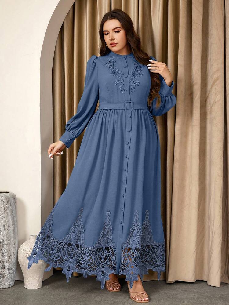 Graceveil Plus Size Long Sleeve Solid Color Lace Waist Belt Elegant Casual Dress - Blue - View 3