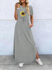 EMERY ROSE Women's Summer Sunflower Printed T-Shirt Style Dress Maxi Women Outfit - Light Grey - View 3